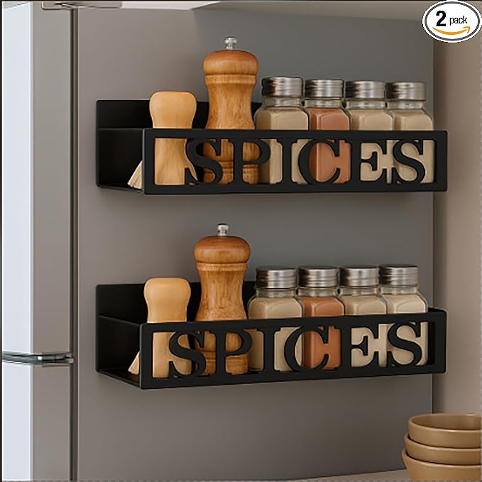 2 Pack Spices Magnetic Spice Rack for Refrigerator Metal Magnet Basket Shelf for Fridge Seasoning Storage Organizers Home Decor Kitchen Accessories (Black)