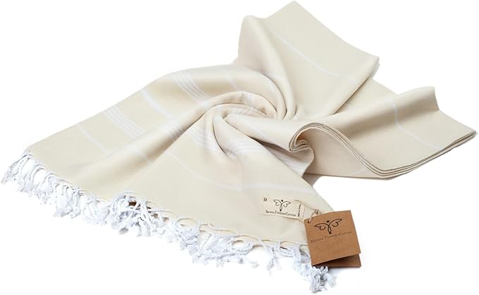 SMYRNA TURKISH COTTON Classical Series Throw Blanket 50x60, Outdoor Blankets, Throws and Blankets for Couch, Sofa, Bed, Chair, Beach Picnic, Travel Boho Turkish Blanket, Cream