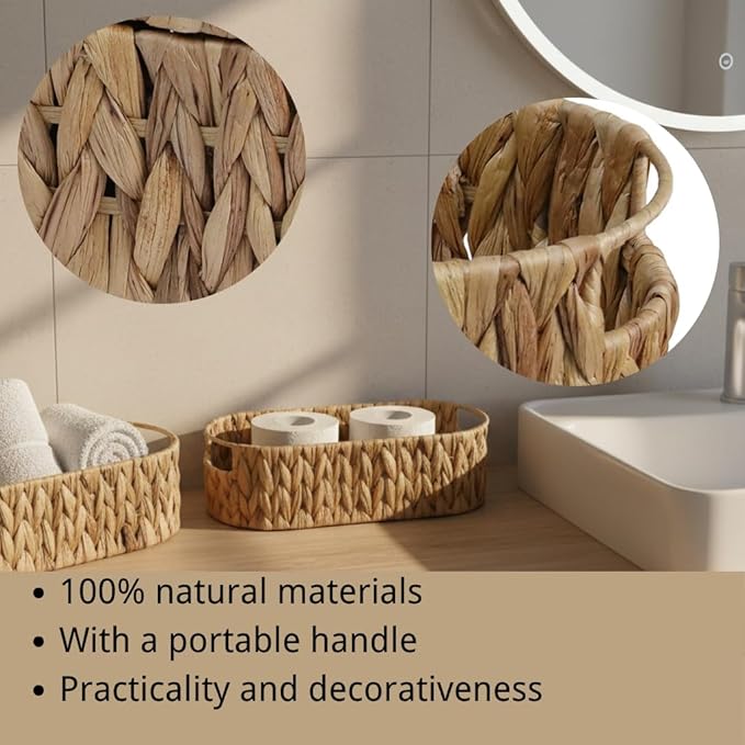 Toilet Paper Storage, Basket with Handles, Bathroom Decor, Wicker Basket, Storage Basket for Organizing, Empty Gift Basket, Shelves, Back of Toilet Basket (14.2" × 6.3" × 3.9")