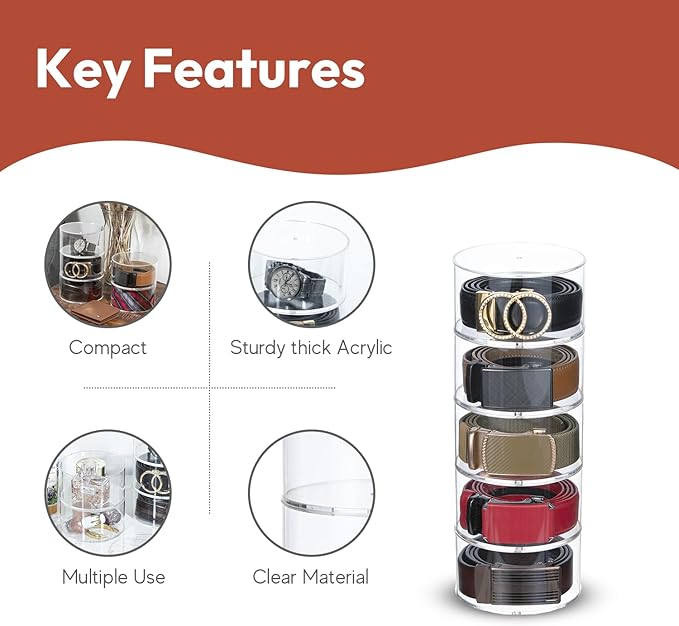 Acrylic Belt Organizer, 10 Layer Belt Holder for Closet or Drawer, Display for Men’s and Women’s Belts, Jewelry, and Watches