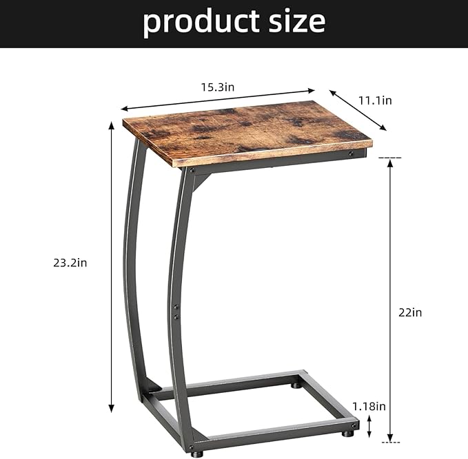 C-Shaped End-Table Set of 2 - Side Table for Couch,Curved Support Legs, Slide Under Couch Table for Sofa, TV Tray Table for Living Room Bedroom (Rustic Brown)
