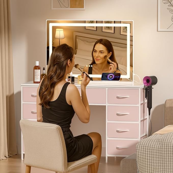 COMHOMA Vanity Desk with Large Mirror,LED and Power Outlet,Makeup Table with 9 Storage Drawersand HD Mirrors,3 Color Modes Adjustable Lighting for Bedroom Dressing Room (Pink, 35inch)