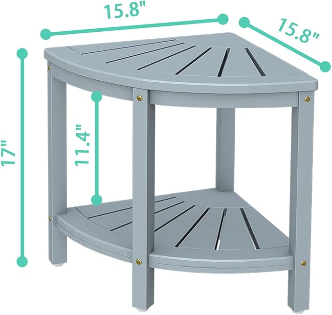 Bamboo Corner Shower Bench Waterproof Stool with Space-Efficient Storage Shelf - Shower Stool Seat for Indoor or Outdoor Use(Bluish Grey)