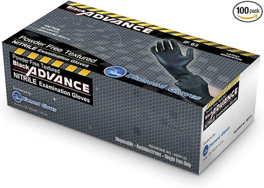 Black Advance Nitrile Examination Powder Free Gloves, Black, 6.3 mil, Heavy Duty, Medical Grade, 100/box by Diamond Gloves