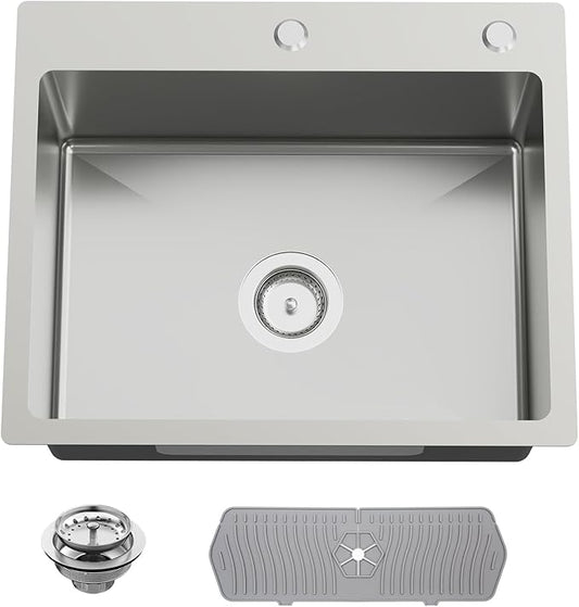 Kitchen And Bar Sink, 22x18 Inch Stainless Steel Drop In Kitchen Sink Modern Single Bowl Topmount Bar Sink Combo-Silicon Mat,Drain Strainer Set Compatibility With Various Kitchen & Bar Style
