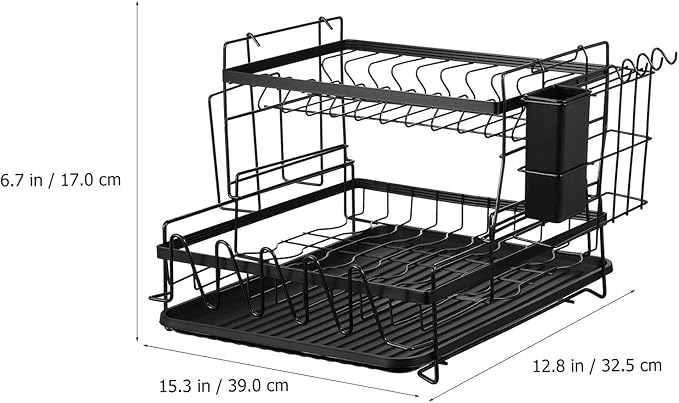 Large Capacity Double Tier Dish Drying Rack with Drainboard and Side Utensil Holder Over Sink Kitchen Counter Organizer for Bowls Plates Cutlery and Chopping Board Storage