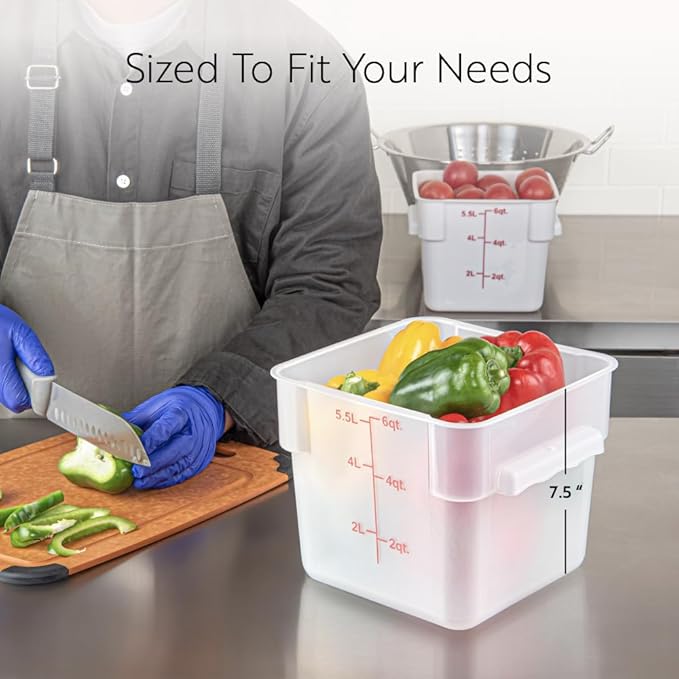 Restaurantware Food Storage Container 10 Pack of 6 qt Plastic Kitchen Storage Bin with Volume Markers Space-Efficient Design Dishwasher-Safe Polypropylene Translucent