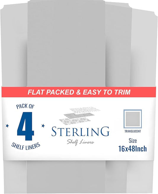 Sterling Shelf Liners - 16" x 48" Flat Packed - Set of 4 - Clear - Wire Shelf Liners for Closets, Pantry - Plastic Closet Liner for Shelves - Wire Rack Cover