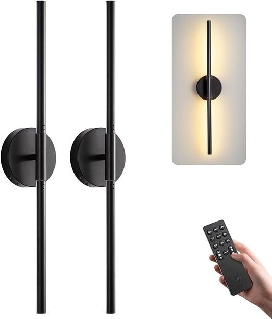 Battery Operated Wall Sconces Set of 2, Rechargeable LED Wall Lights with Remote & Touch Control, 350° Rotatable, 30 Inch Black Dimmable & Timer Modern Wireless Wall Lamps for Bedroom Living Room
