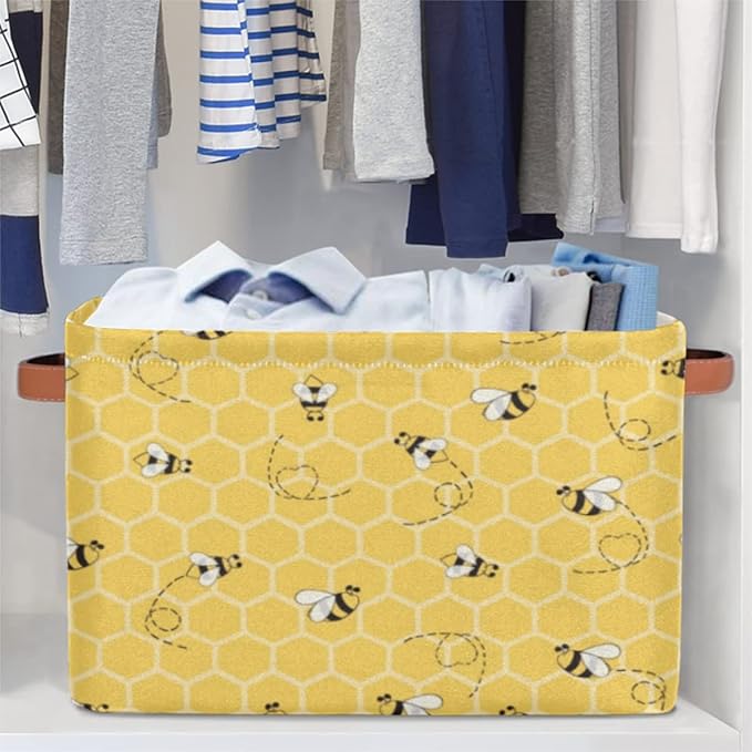 2Pack Yellow with Bees Large Collapsible Storage Bins,Honey Honeycombs Decorative Canvas Fabric Storage Boxes Organizer with Handles,Rectangular Shelves Baskets Box for Home Office Nursery Closet