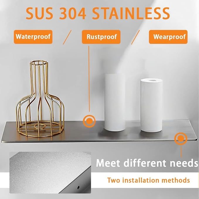 12Inch Stainless Steel Wall Mounted Floating Shelf Drilling or Shelf Adhesive Modern Room Decor Wall Shelf Floating Shelf for Bathroom Bedroom Decor