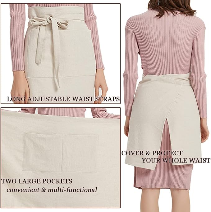 Cityelf Linen Server Apron Cotton Bistro Half Apron with Large Pockets Waist Kitchen Apron for Cooking Waitress