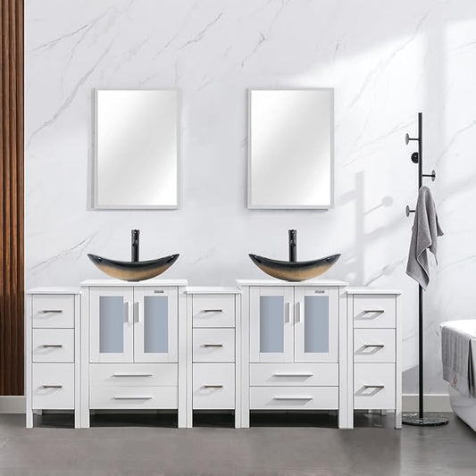 eclife 84" Modern Bathroom Vanity Sink Combo Freestanding Cabinet with Small Side Cabinet, Champagne Boat Glass Vessel Sink, Water Save Faucet, Drain (White+A29CH)