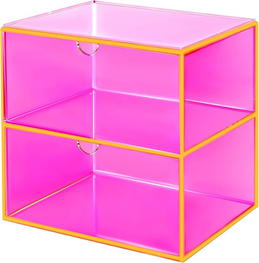 Acrylic Desk Organizer with Drawers Stackable Makeup Organizer for Vanity Office Countertop Cosmetic Display Cases Makeup Storage Box, Neon Pink