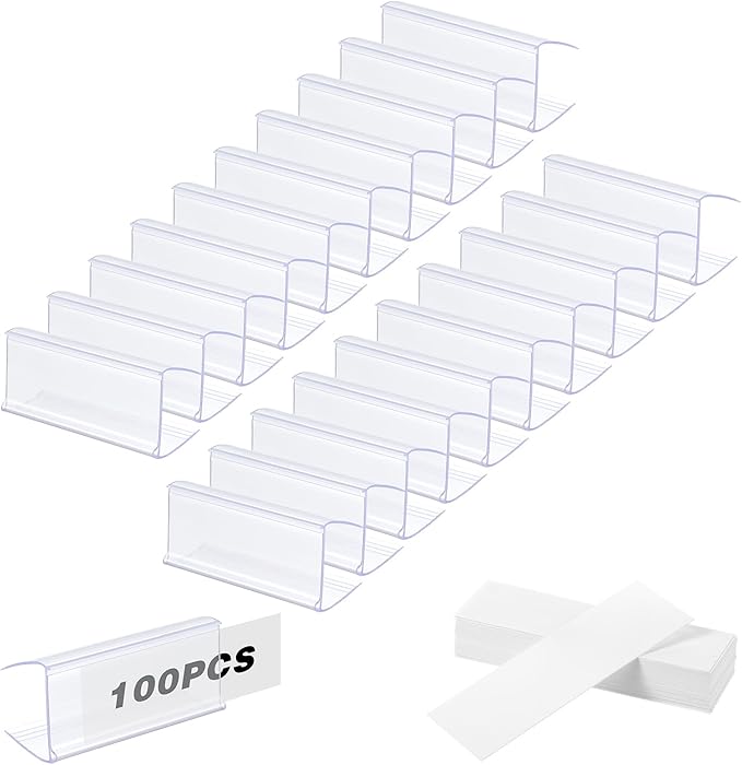100Pcs Shelf Label Holders, Clear Plastic Price Tag Sign for Counters, Warehouses, Bookshelf Shelves, Wire Wood Shelf Sign and Ticket Holder 2.4 in L x 1 in H Clips On to Shelves 3/4" to 1" Thick