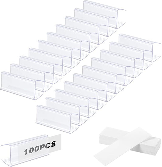 100Pcs Shelf Label Holders, Clear Plastic Price Tag Sign for Counters, Warehouses, Bookshelf Shelves, Wire Wood Shelf Sign and Ticket Holder 2.4 in L x 1 in H Clips On to Shelves 3/4" to 1" Thick