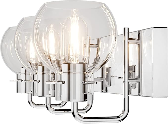 Tipace Modern Bathroom Vanity Lighting Fixtures 3-Lights Industrial Stainless Steel Chrome Finish with Globe Clear Glass Vanity Lights Farmhouse Bath Lighting(Exclude Bulb)