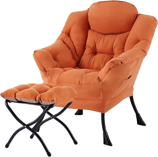 Welnow Lazy Chair with Ottoman for Living Room, Modern Reading Lounge Accent Chair with Armrests and a Side Pocket, Leisure Upholstered Lazy Sofa for Small Space, Bedroom, Dorm, Orange