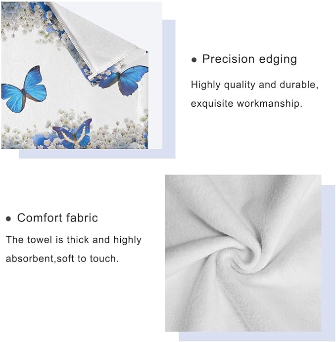 Spring Floral Bath Towels Set,Absorbent Soft 3 Piece Blue White Butterfly Elegant Flower Towel Set for Bathroom,1 Bath Towel 1 Hand Towel 1 Washcloth,Quick Dry Decoractive Bathroom Towels