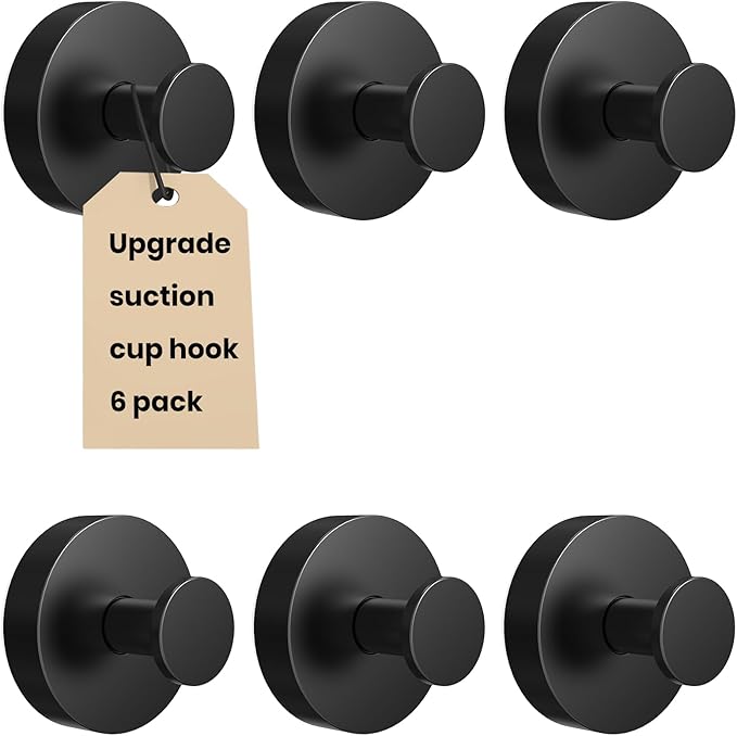 Vacuum Suction Cup Hooks for Shower 6 Pack, Heavy Duty Aluminum Alloy Towel Hooks for Bathroom Kitchen Glass Tile Mirror Wall No Drill Removable Robe Loofah Coat Suction Hooks Hanging-Black