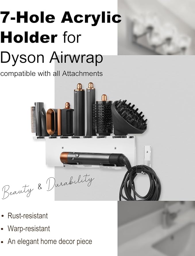 Storage Holder Wall Mount for Dyson Airwrap Attachment, Upgraded 7 Holes Acrylic Organizer Rack for Airwrap Styler Accessories, for Bathroom Vanity, Save Space, Crystal Clear