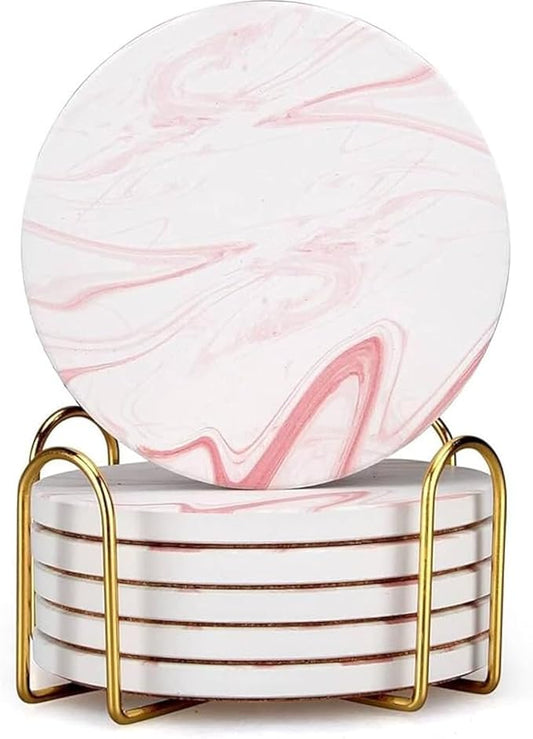 Cute Pink Marble Coasters Set of 6 Pack Stone Coffee Table Decor Absorbent Ceramic Cup Coaster with Holder Decorative Tea Bar Accessories Gift Kitchen Desk Coster Drink Modern Funny Aesthetic Coasters