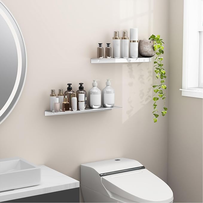 Danpoo Adhesive Floating Shelves for Wall Storage, Metal Wall Shelves for Living Room, Bathroom, Kitchen, 20” Long Display Shelves for Collectibles(Silver, 2 PCS)