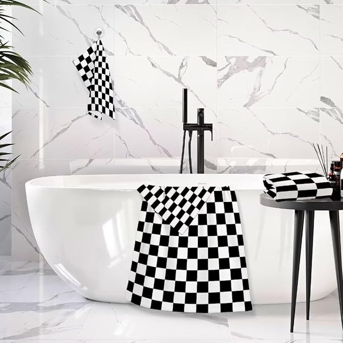 Black White Checkered Bath Towels Set, 3 Piece Geometric Checkerboard Towel Set(1 Bath Towel 1 Hand Towel 1 Washcloth), Absorbent Microfiber Modern Decorative Bathroom Towels for Hair, Face