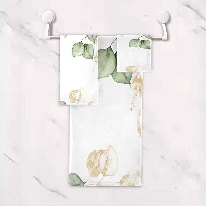Green Gold Leave Bath Towels Set,3 Piece Eucalyptus Leaf Towel Set(1 Bath Towel 1 Hand Towel 1 Washcloth),Absorbent Microfiber Decorative Bathroom Towels for Shower,Fingertip,Hair,Face
