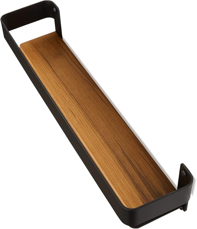 Seachrome Rectangular Shower Shelf with Rail in a Matte Black Finish and Natural Teak Wood Insert
