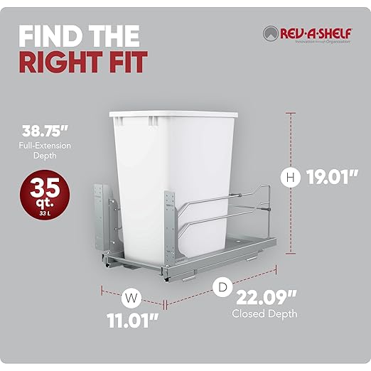Rev-A-Shelf Pullout Trash Can for Base Kitchen Cabinets 35 Quart 8.75 Gallon with Soft-Close Slides and Rear Storage, White, 53WC-1535SCDM-111