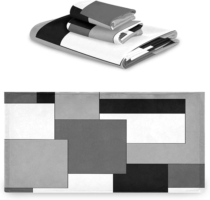 Geometric Bath Towels Set,3 Piece Soft Absorbent Black White Grey Checkered Towels Set(1 Bath Towel 1 Hand Towel 1 Washcloth),Microfiber Decorative Bathroom Towels for Fingertip,Hair,Face