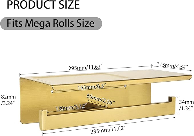 Alise Toilet Paper Holder,Bathroom Tissue Holder with Shelf,SUS304 Stainless Steel Double Toilet Paper Roll Holder Storage Dispenser,Self Adhesive or Wall Mount Drilling Paper Rack,Golden GYT5002-G