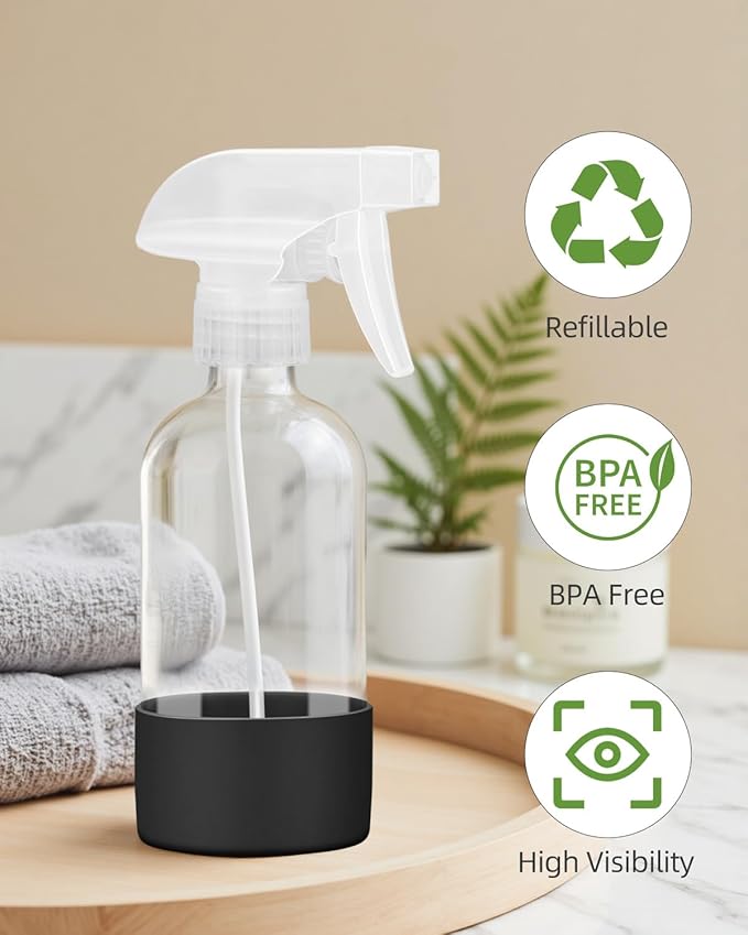 2 Pack Glass Spray Bottles 8 oz, Empty Refillable Containers with Silicone Sleeve Protection, Glass Spray Bottles for Cleaning Solutions, Hair and Plants with Adjustable Nozzles Black&White