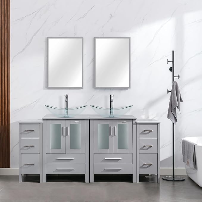 eclife 72" Modern Bathroom Vanity Sink Combo Freestanding Cabinet with Small Side Cabinet, Clear Boat Glass Vessel Sink, Water Save Faucet, Drain (Gray+A29TT)