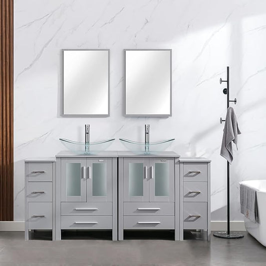 eclife 72" Modern Bathroom Vanity Sink Combo Freestanding Cabinet with Small Side Cabinet, Clear Boat Glass Vessel Sink, Water Save Faucet, Drain (Gray+A29TT)
