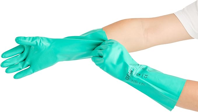 Green Cleaning Gloves 10 Pairs 15 Mil Thick XXL Heavy-Duty Nitrile Gloves With Long Cuff No-Latex Flock Lining For Use In Hospitals, Laboratories, Kitchens and Households