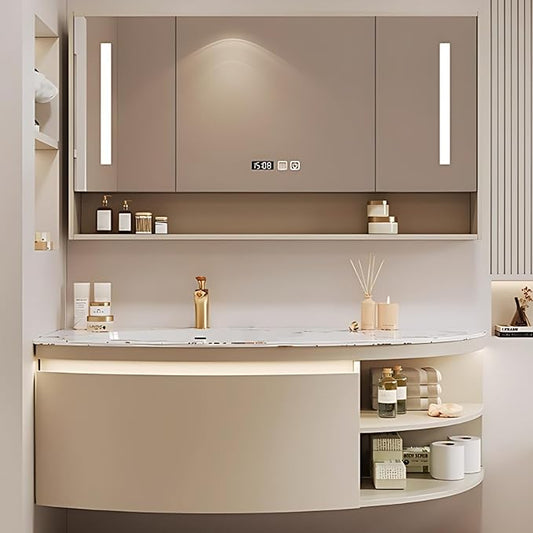 40IN Floating Bathroom Vanity, Wall Mounted Wood Sink Cabinet with Smart Sensor LED Light Strip & Open Style Side Cabinet | LED Lights & Defogging Function, Single Sink Vanities Set (Beige)