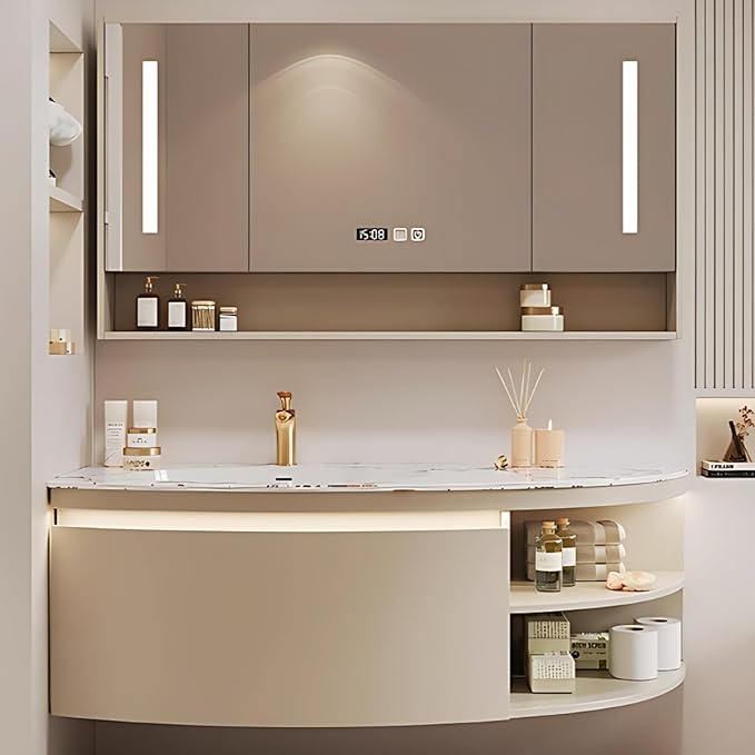 58IN Floating Bathroom Vanity, Wall Mounted Wood Sink Cabinet with Smart Sensor LED Light Strip & Open Style Side Cabinet | LED Lights & Defogging Function, Single Sink Vanities Set (Beige)