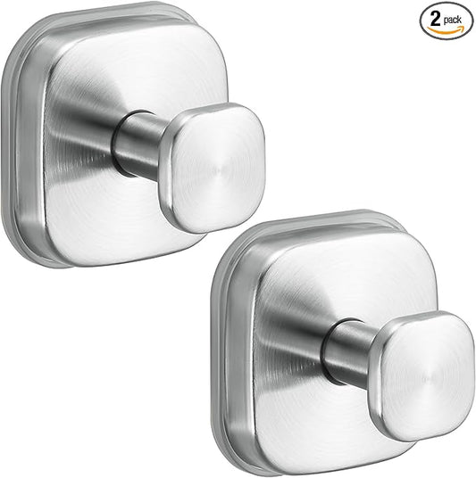 No-Drill Reusable Suction Cup Hooks, 2-Pack Brushed Nickel – Towel, Robe, Loofah, Coat Hook for Glass, Mirror, Tile, Shower, Bathroom, Kitchen & Metal (Smooth, Non-Porous Surfaces)