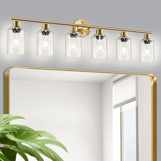 6-Light E26 Gold Bathroom Vanity Lights, Modern Bathroom Light Fixtures with Clear Glass Shade, Wall Lamps for Mirror Hallway Kitchen Cabinet Living Room Sconces Lights