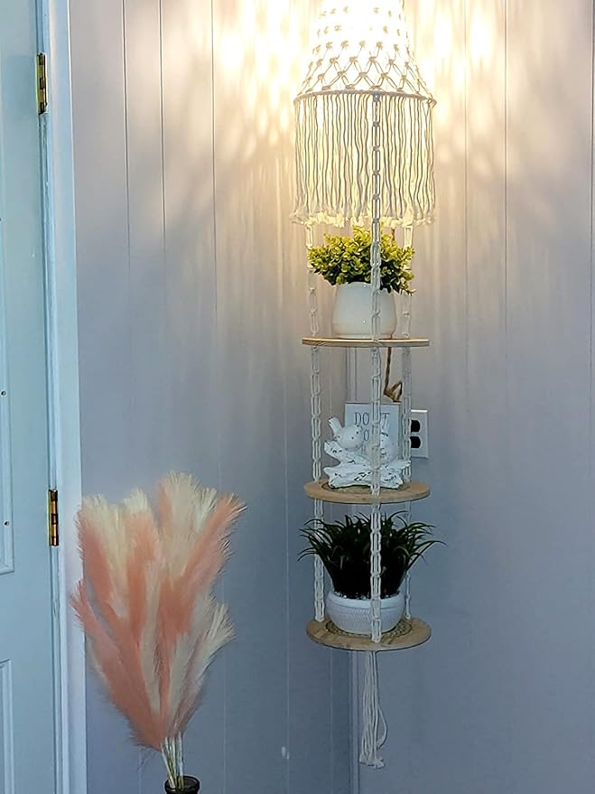 Boho Plug in Pendant Light,Hanging Light with Plug in Cord,Hanging Lamp Macrame Lamp Shade,Dimmable Switch,3 Tier Hanging Plant Shelf Shelves Bohemian Decor for Bedroom Living Room Corner