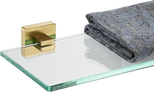 JQK Bathroom Glass Shelf, Floating Tempered Glass Shower Storage 24 by 5 inches, 304 Stainless Steel Brushed Gold Wall Mount, TGS201L24-BG