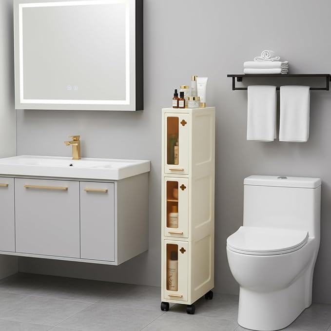 Weysat Narrow Bathroom Storage Cabinet with Wheels Slim Storage Organizer with Transparent Doors and Shelves for Small Space, Kitchen, Bathroom, Laundry Room(3 Tiers)