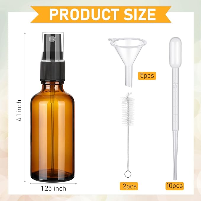 Nuogo 100 Pcs 2 Oz Glass Spray Bottles, Fine Mist Spray Bottle Refillable Cosmetic Bottles Empty Small Bottle with 10 Droppers, 5 Funnels, 2 Brushes for Essential Oil Cleaning Solutions(Brown)