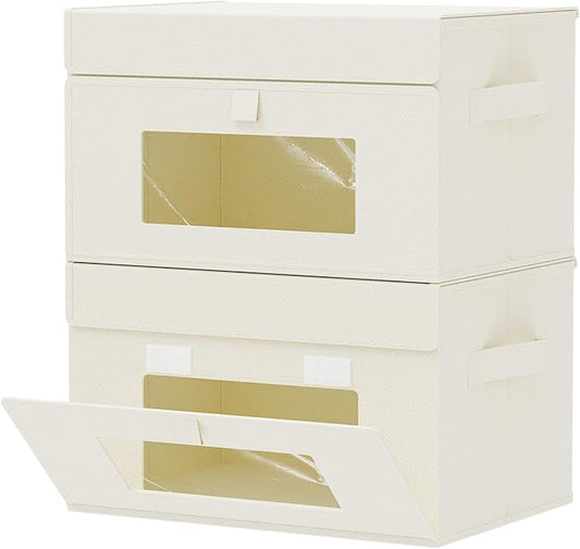 Storage Bins with Lids, Cube Organizer Basket with Window, Closet Boxes with Carrying 2 Handles and Sturdy PP Support Plate, 2 Pack, Beige, 13 x 9 x 7.9 In, XSNY17BEM-2