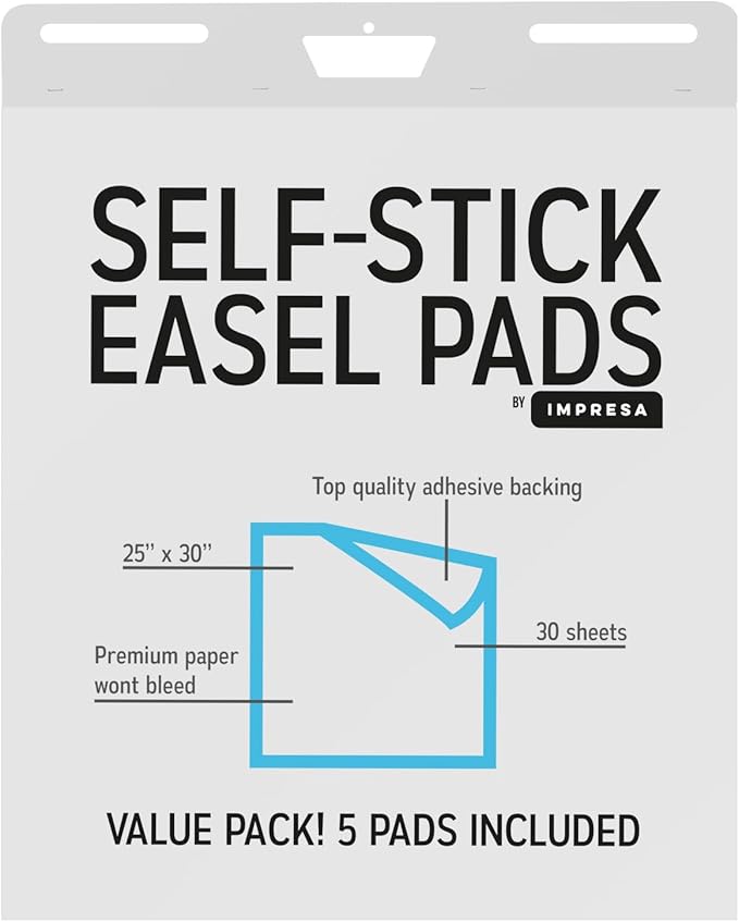 IMPRESA Sticky Easel Pads - Strong Adhesive for Office Supplies - Portable for Flip Chart Easels - Heavyweight White Surface for Art Supplies - 25 x 30 in, White, Pack of 5, 150 Sheets