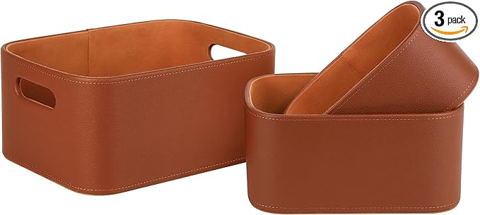 HofferRuffer Faux Leather Storage Baskets Bins with Velvet Lining for Organizing, Storage, Gifts, Set of 3 Nesting Shelf Baskets Decorative Storage Boxes for Home Organization (Brown)