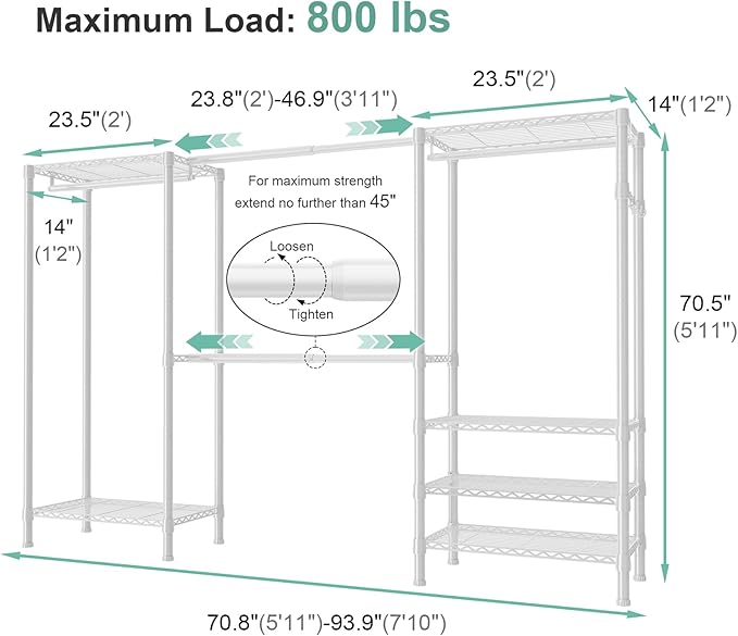 SEMHOR E06 Expandable Heavy Duty Clothes Rack for Reach-in Closet, Large Freestanding Clothing Racks with Shelves, Carbon Steel Closet System Adjustable from 70.8-93.9", Max Load 800LBS, White