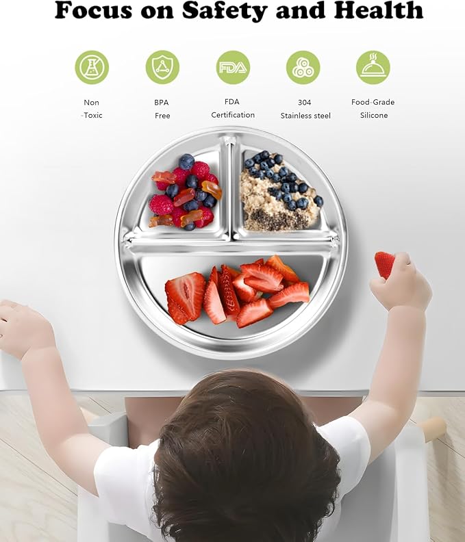 Stainless Steel Kids Plates 4 Packs, Deepened 9" Portion Control Plate Divided Plate for Toddlers Adults Family Bariatric Weight Loss & Diabetic Diet, Non Toxic Unbreakable Dinner Dishes